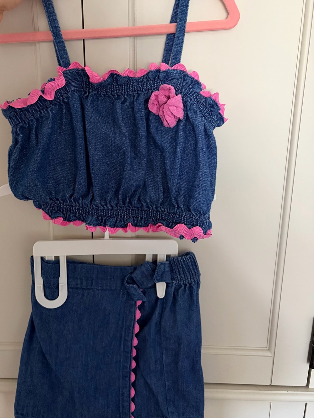 Girls Denim Two-Piece Set with Pink Trim
